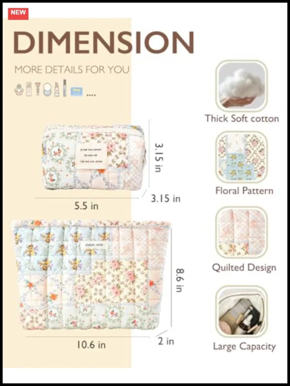 2 Piece Floral Quilted Makeup Bag Set, Large & Small Cotton Travel Toiletry